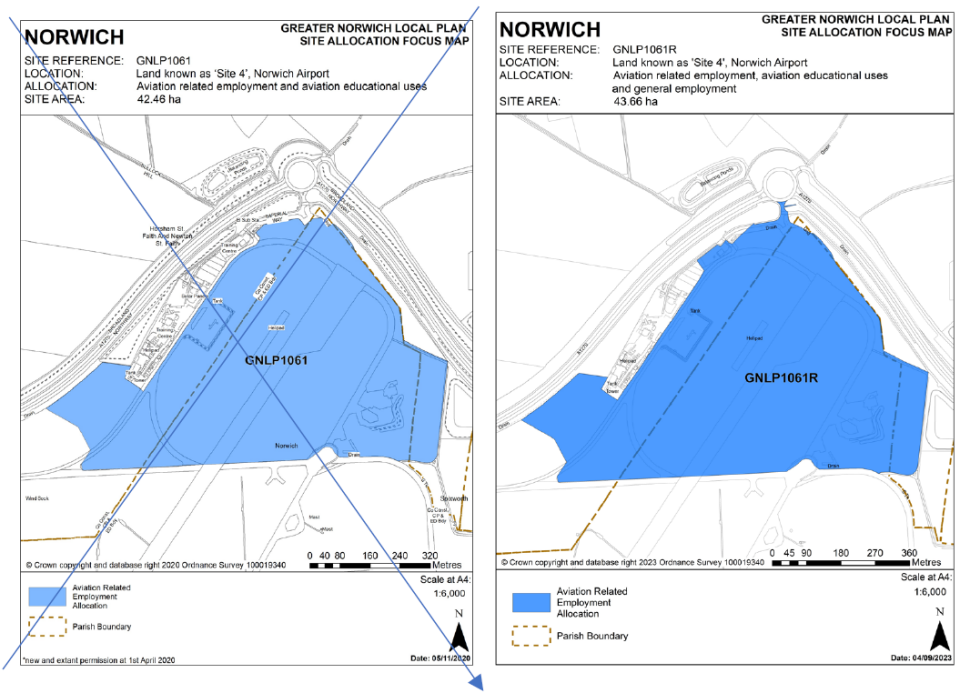 DELETED (left): GNLP Site Allocation Focus Map NORWICH, Site reference GNLP1061, Location Site 4, Norwich Airport, Allocation aviation related employment/educational uses, Site Area 42.46 ha. INSERTED (right): GNLP Site Allocation Focus Map NORWICH, Site reference GNLP1061R, Location Site 4 Norwich Airport, Allocation aviation related employment/educational uses & general employment, Site Area 43.66 ha