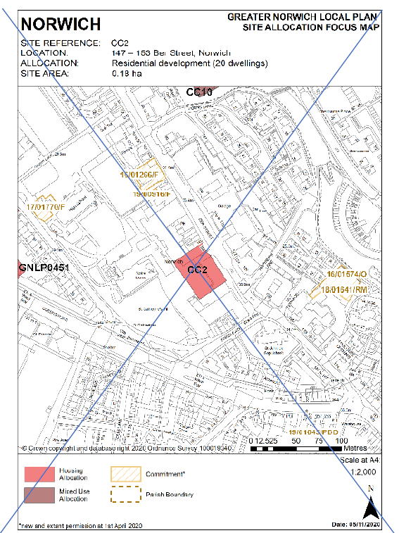 DELETED: GNLP Site Allocation Focus Map NORWICH: Site reference CC2; Location 147-153 Ber Street, Norwich; Allocation Residential development (20 dwellings); Site Area 0.18 ha