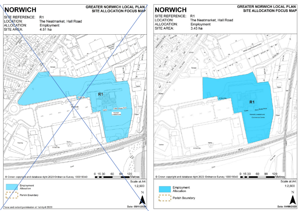 DELETED (left): GNLP Site Allocation Focus Map NORWICH, Site Reference - R1; Location - The Neatmarket, Hall Road; Allocation- Employment; Site Area - 4.51 ha. INSERTED (right): GNLP Site Allocation Focus Map NORWICH, Site Reference - R1; Location - The Neatmarket, Hall Road; Allocation- Employment; Site Area - 3.45 ha.