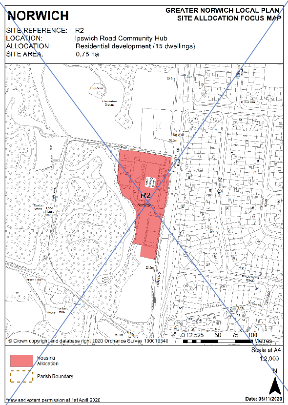 DELETED: GNLP Site Allocation Focus Map NORWICH: Site Reference - R2; Location - Ipswich Road Community Hub; Allocation- Residential development (15 dwellings), Site area - 0.78 ha.