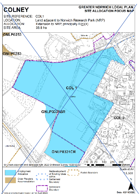 DELETED, GNLP Site Allocation Focus Map COLNEY: Site Reference - COL 1; Location - Land adjacent to Norwich Research Park (NRP); Allocation - Extension to NRP, principally E(g)(ii); Site Area - 38.8 ha