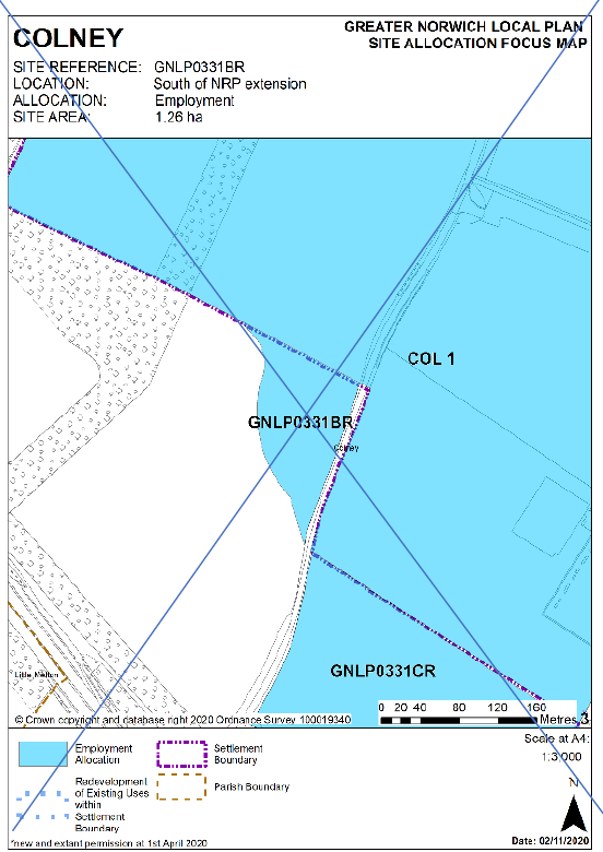 DELETED: GNLP Site Allocation Focus Map COLNEY, Site Reference - GNLP0331BR, Location: South of NRP extension; Allocation- Employment; Site Area- 1.26 ha
