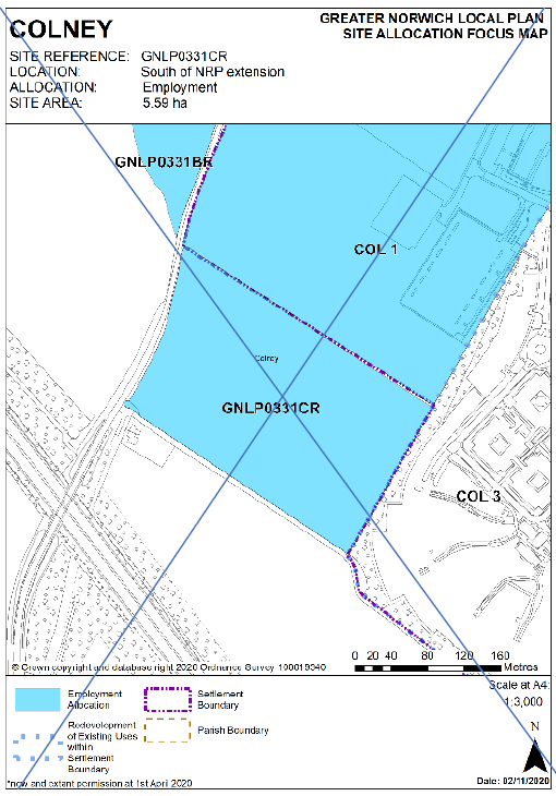DELETED: GNLP Site Allocation Focus Map COLNEY: Site Reference- GNLP0331CR; Location- South of NRP extension; Allocation - Employment; Site Area - 5.59 ha