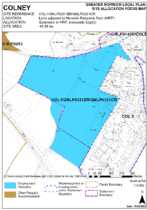 INSERTED: GNLP Site Allocation Focus Map COLNEY: Site Reference- COL1/GNLP0331BR/GNLP0331CR; Location- Land adjacent to Norwich Research Park (NRP); Allocation- Extension to NRP, principally E(g)(ii); Site Area- 45.65 ha