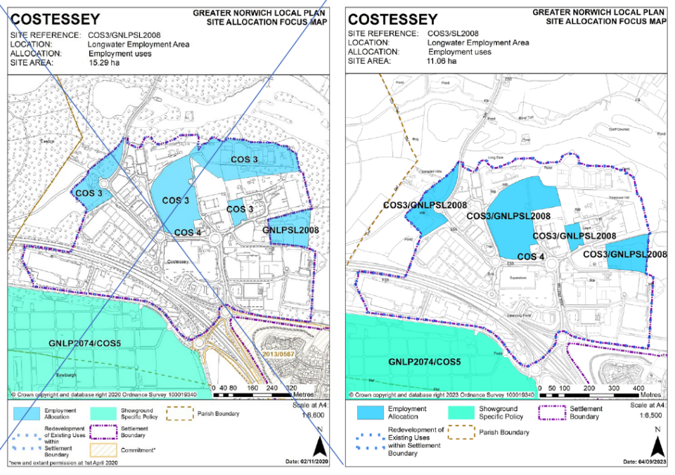 DELETED (left): GNLP Site Allocation Focus Map COSTESSEY, Site Reference- COS3/GNLPSL2008; Location- Longwater Employment Area; Allocation- Employment uses; Site Area- 15.29 ha. INSERTED: GNLP Site Allocation Focus Map COSTESSEY, Site Reference- COS3/SL2008; Location- Longwater Employment Area; Allocation- Employment uses; Site Area- 11.06 ha