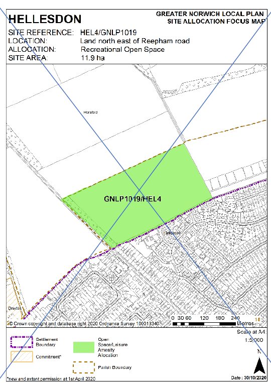 DELETED: GNLP Site Allocation Focus Map HELLESDON, Site Reference- HEL4/GNLP1019; Location: Land north east of Reepham road; Allocation: Recreational Open Space; Site Area: 11.9 ha