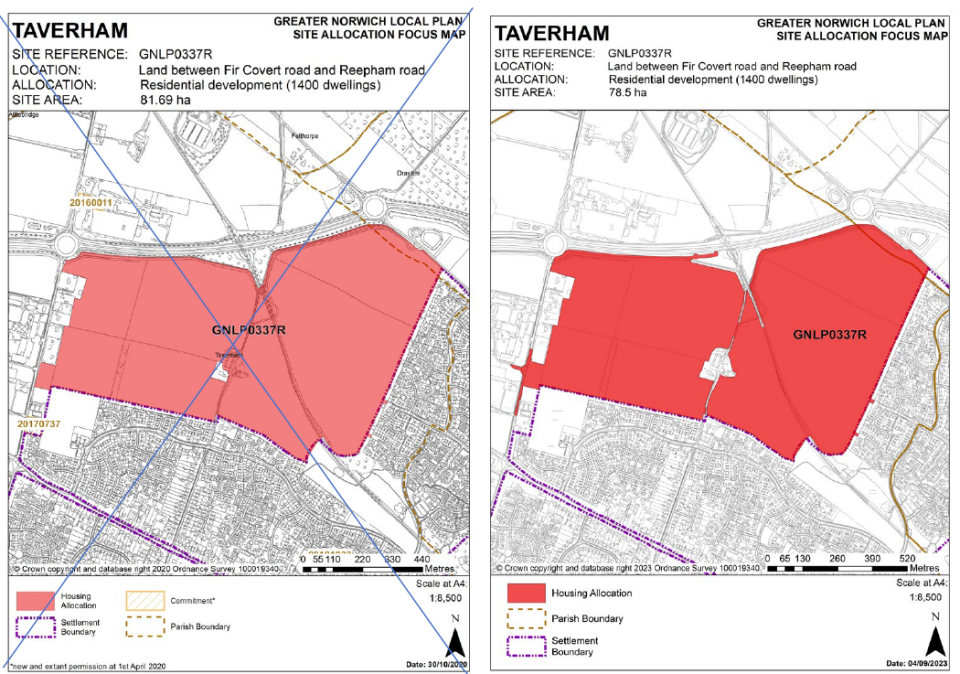 DELETED (left): GNLP Site Allocation Focus Map TAVERHAM, Site Reference- GNLP0337R; Location- Land between Fir Covert road and Reepham road; Allocation: Residential development (1400 dwellings), Site Area: 81.69 ha. INSERTED (right): GNLP Site Allocation Focus Map TAVERHAM, Site Reference- GNLP0337R; Location- Land between Fir Covert road and Reepham road; Allocation: Residential development (1400 dwellings), Site Area: 78.5 ha.