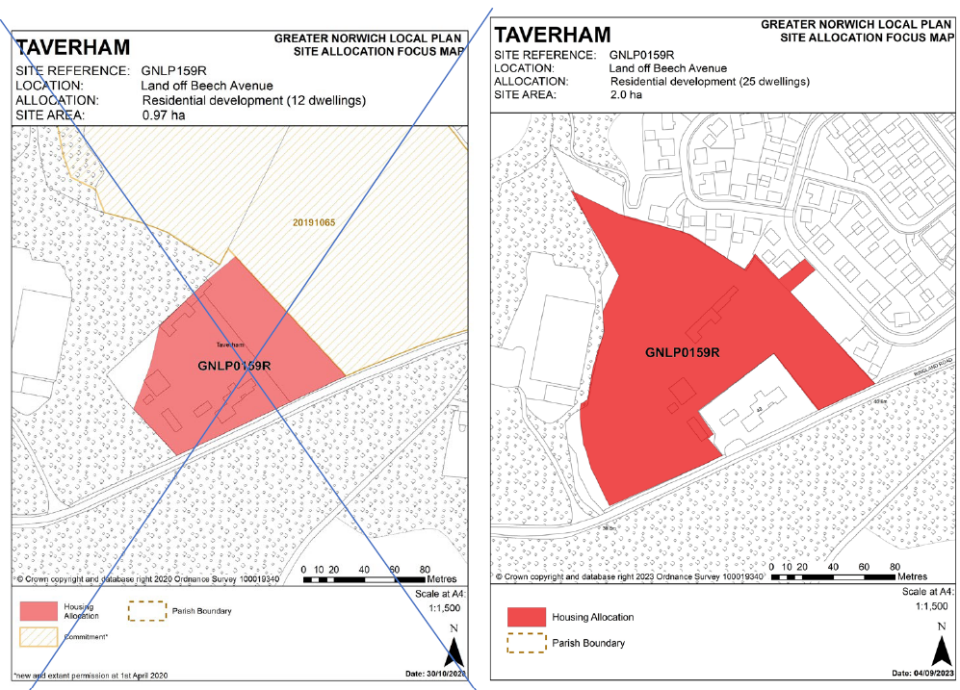DELETED (left): GNLP Site Allocation Focus Map TAVERHAM, Site Reference- GNLP159R; Location- Land off Beech Avenue; Allocation- Residential development (12 dwellings); Site Area- 0.97 ha. INSERTED (right): GNLP Site Allocation Focus Map TAVERHAM, Site Reference- GNLP159R; Location- Land off Beech Avenue; Allocation- Residential development (25 dwellings); Site Area- 2.0 ha.