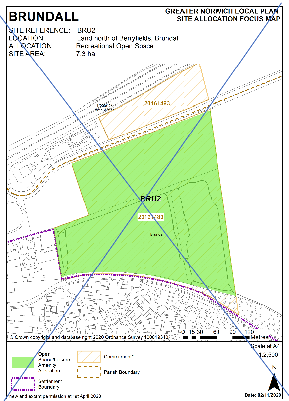 DELETED: GNLP Site Allocation Focus Map BRUNDALL, Site Reference- BRU2; Location- Land North of Berryfields, Brundall; Allocation- Recreational Open Space; Site Area- 7.3 ha.
