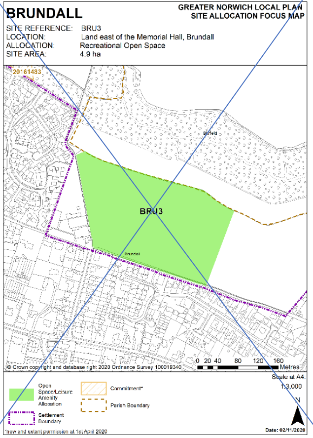 DELETED: GNLP Site Allocation Focus Map BRUNDALL, Site Reference- BRU3; Location- Land east of the Memorial Hall, Brundall; Allocation- Recreational Open Space; Site Area- 4.9 ha,