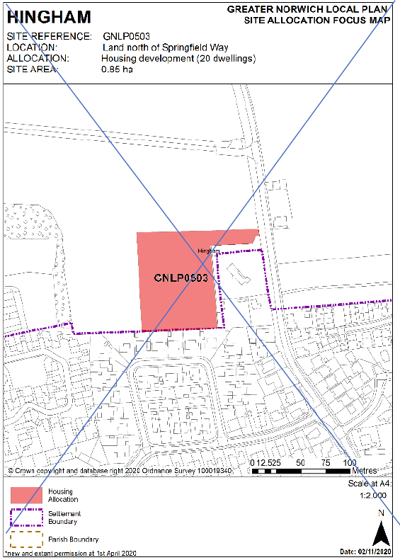 DELETED: GNLP Site Allocation Focus Map HINGHAM, Site Reference- GNLP0503; Location- Land north o Springfield Way; Allocation- Housing Development (20 dwellings); Site Area- 0.85 ha.