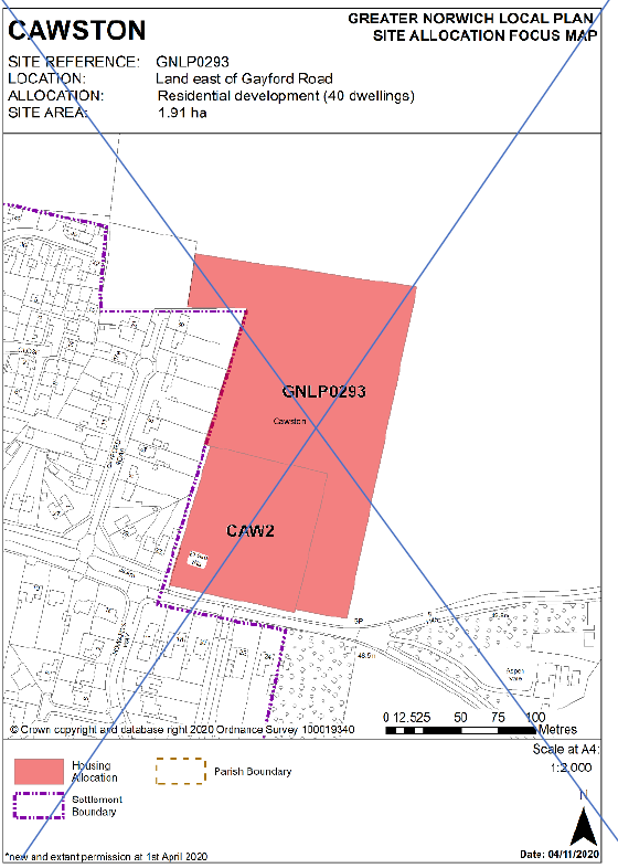 DELETED: GNLP Site Allocation Focus Map CAWSTON, Site Reference- GNLP0293; Location: Land east of Gayford Road; Allocation- Residential development (40 dwellings); Site Area- 1.91 ha.