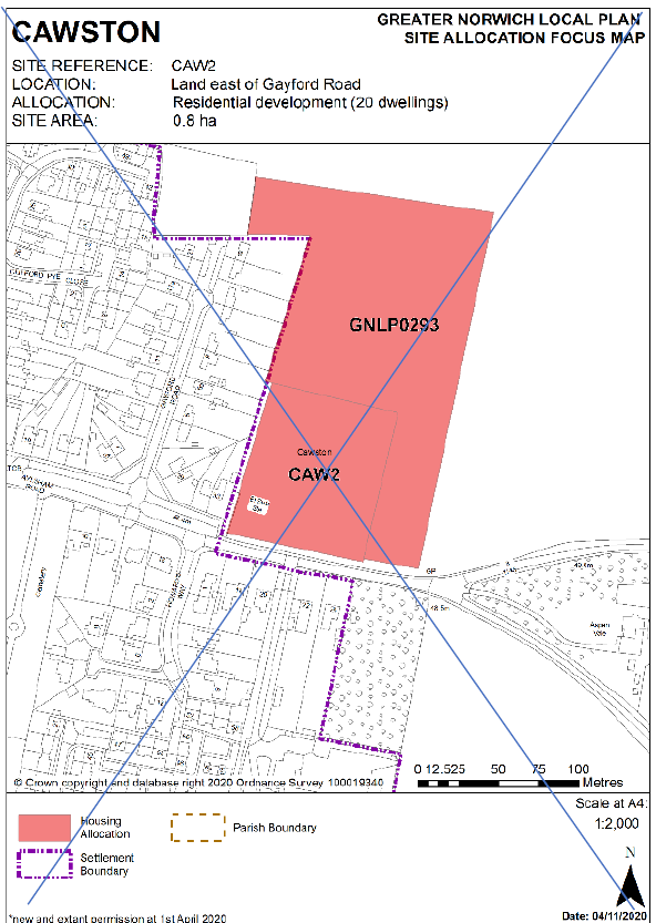 DELETED: GNLP Site Allocation Focus Map CAWSTON, Site Reference- CAW2; Location: Land east of Gayford Road; Allocation- Residential development (20 dwellings); Site Area- 0.8 ha.. 