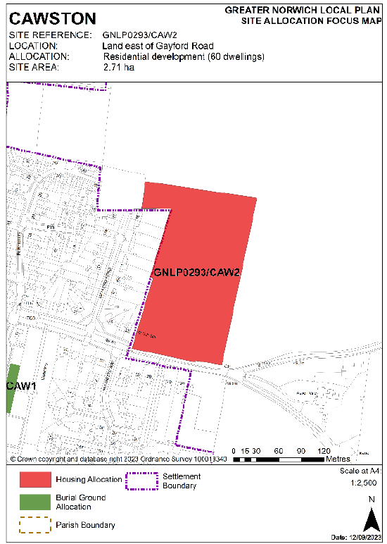 INSERTED: GNLP Site Allocation Focus Map CAWSTON, Site Reference- GNLP0293/CAW2; Location-Land east of Gayford Road; Allocation- Residential development (60 dwellings); Site Area- 2.71 ha.