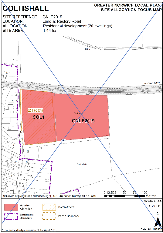 DELETED: GNLP Site Allocation Focus Map COLTISHALL, Site Reference- GNLP2019; Location- Land at Rectory Road; Allocation- Residential development (20 dwellings); Site Area- 1.44 ha.