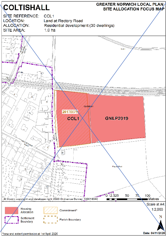 DELETED: GNLP Site Allocation Focus Map COLTISHALL, Site Reference- COL1; Location- Land at Rectory Road; Allocation- Residential development (30 dwellings); Site Area- 1.0 ha.