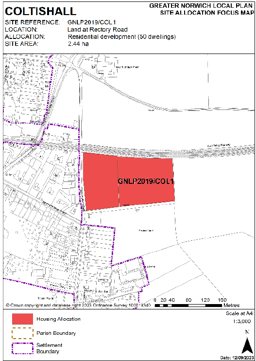 DELETED: GNLP Site Allocation Focus Map COLTISHALL, Site Reference- GNLP2019/COL1; Location- Land at Rectory Road; Allocation- Residential development (50 dwellings); Site Area- 2.44 ha.