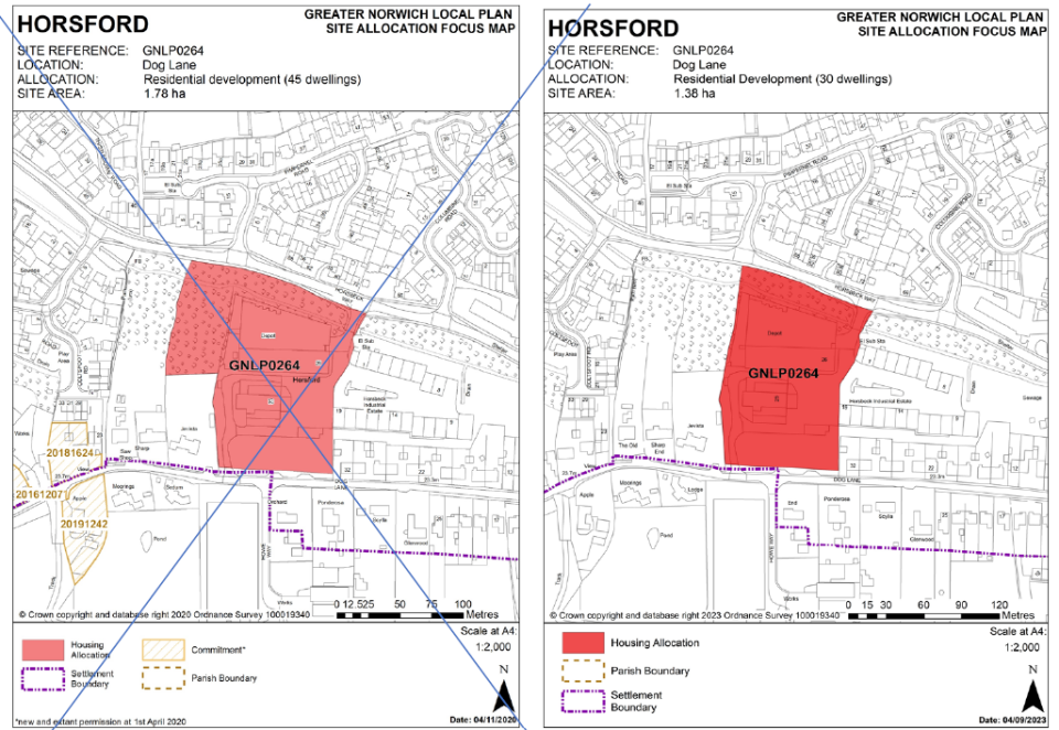 DELETED (left): GNLP Site Allocation Focus Map HORSFORD, Site Reference- GNLP0264; Location- Dog Lane; Allocation- Residential development (45 dwellings); Site Area- 1.78 ha. INSERTED (right): GNLP Site Allocation Focus Map HORSFORD, Site Reference- GNLP0264; Location- Dog Lane; Allocation- Residential development (30 dwellings); Site Area- 1.38 ha.