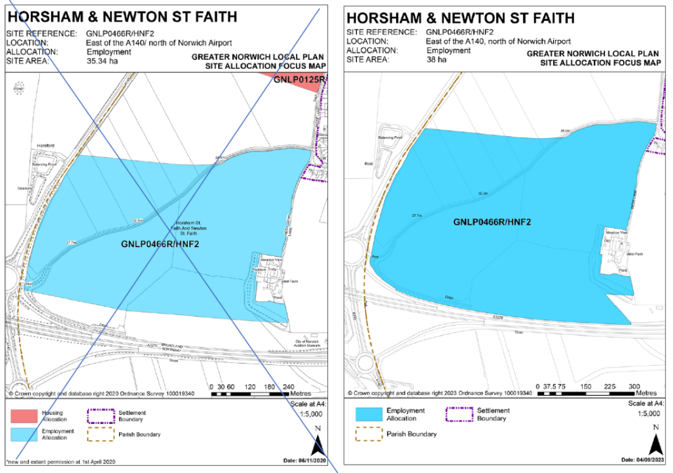 DELETED (left): GNLP Site Allocation Focus Map HORSHAM & NEWTON ST FAITH, Site Reference- GNLP0466R/HNF2; Location- East of the A140/north of Norwich Airport; Allocation- Employment; Site Area- 35.34 ha. INSERTED (right): GNLP Site Allocation Focus Map HORSHAM & NEWTON ST FAITH, Site Reference- GNLP0466R/HNF2; Location- East of the A140/north of Norwich Airport; Allocation- Employment; Site Area- 36 ha.