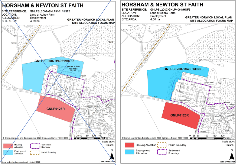 DELETED (left): GNLP Site Allocation Focus Map HORSHAM & NEWTON ST FAITH, Site Reference- GNLPSL2007/GNLP4061/HNF3; Location- Land at Abbey Farm; Allocation- Employment; Site Area- 4.39 ha. INSERTED (right): GNLP Site Allocation Focus Map HORSHAM & NEWTON ST FAITH, Site Reference- GNLPSL2007/GNLP4061/HNF3; Location- Land at Abbey Farm; Allocation- Employment; Site Area- 4.30 ha.