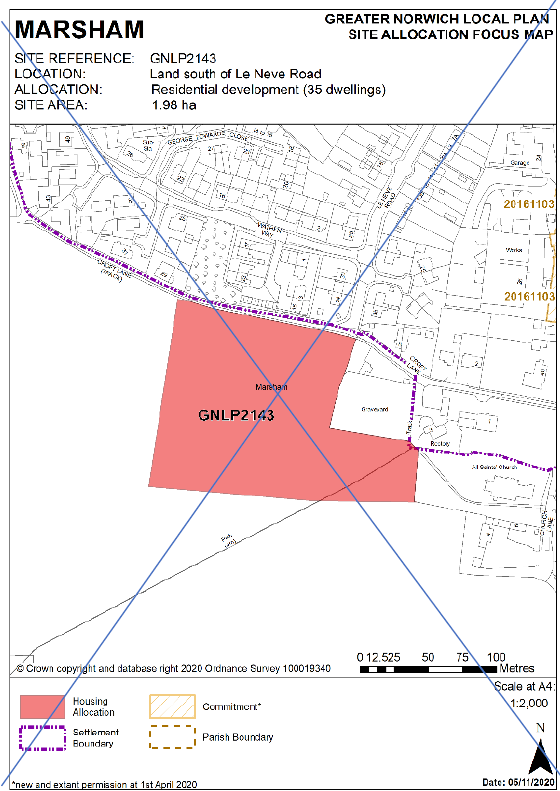 DELETED: GNLP Site Allocation Focus Map MARSHAM, Site Reference- GNLP2143; Location- Land south of Le Neve Road; Allocation- Residential development (35 dwellings); Site Area- 1.98 ha.
