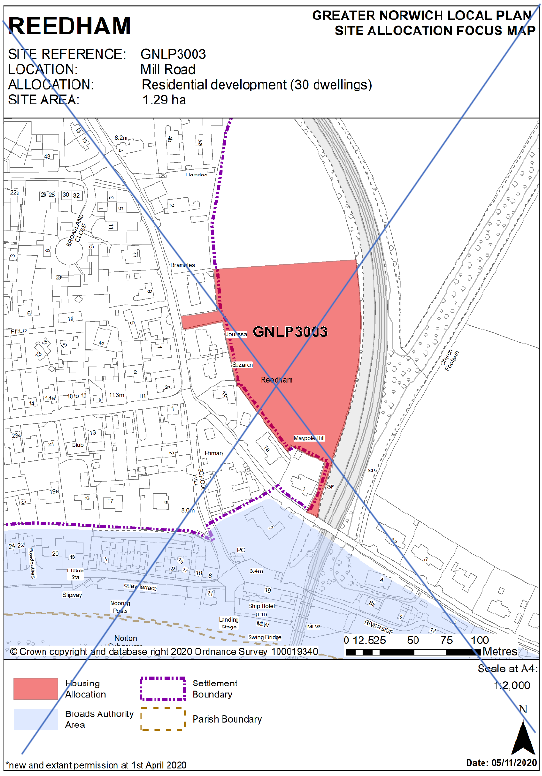 DELETED: GNLP Site Allocation Focus Map REEDHAM, Site Reference- GNLP3003; Location- Mill Road; Allocation- Residential development (30 dwellings); Site Area- 1.29 ha.