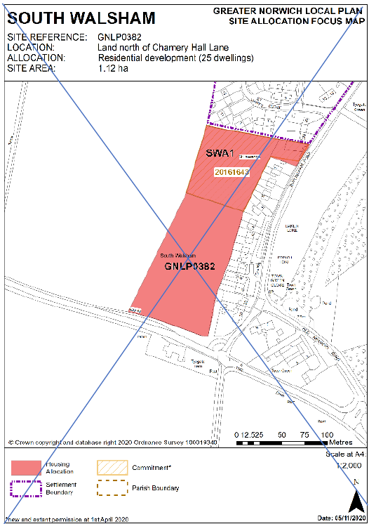 DELETED: GNLP Site Allocation Focus Map SOUTH WALSHAM, Site Reference- GNLP0382; Location- Land north of Chamery Hall Lane; Allocation- Residential development (25 dwellings); Site Area- 1.12 ha.