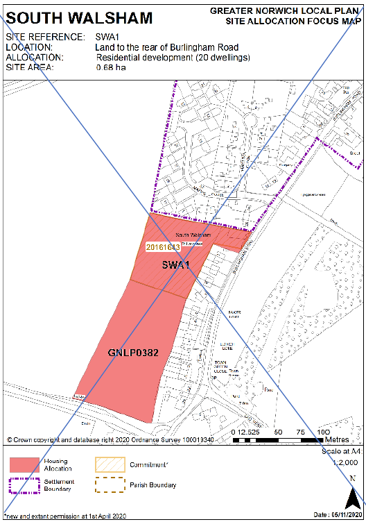DELETED: GNLP Site Allocation Focus Map SOUTH WALSHAM, Site Reference- SWA1; Location- Land to the rear of Burlingham Road; Allocation- Residential development (20 dwellings); Site Area- 0.68 ha. 