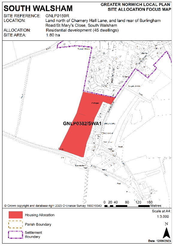 INSERTED: GNLP Site Allocation Focus Map SOUTH WALSHAM, Site Reference- GNLP0159R; Location- Land north of Chamery Hall Lane, and land rear of Burlingham Road/St Mary's Close, South Walsham; Allocation- Residential development (45 dwellings); Site Area- 1.80 ha.