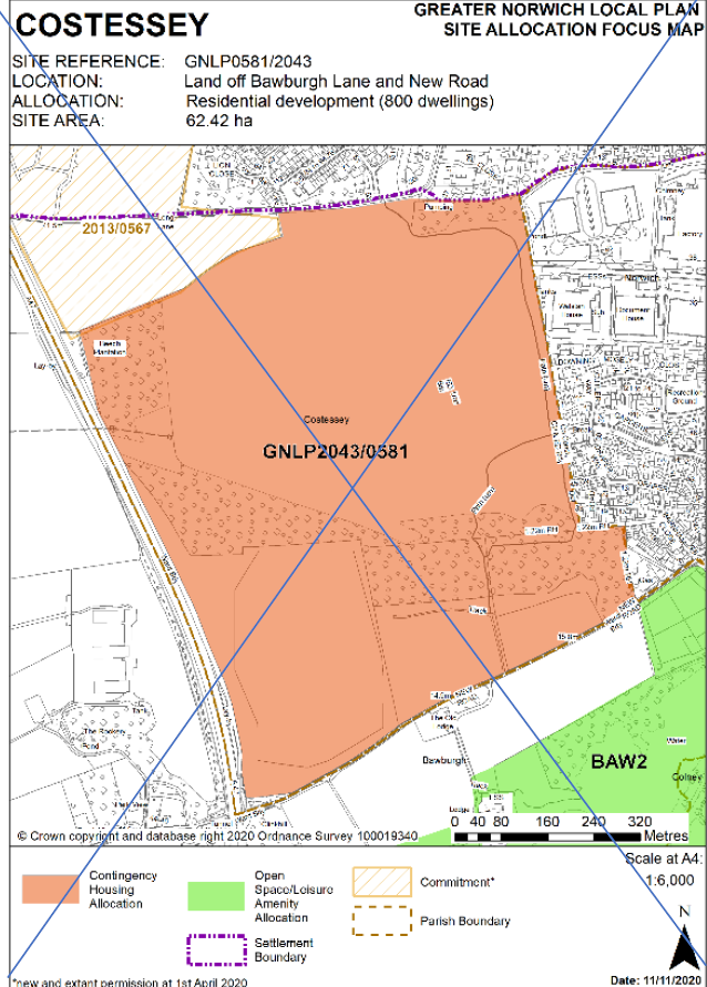DELETED: GNLP Site Allocation Focus Map COSTESSY, Site Reference- GNLP0581/2043; Location- Land off Bawburgh Lane and New Road; Allocation- Residential development (800 dwellings); Site Area- 62.42 ha.