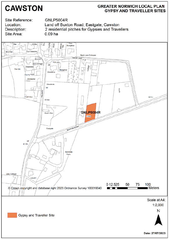 INSERTED: GNLP Site Allocation Focus Map CAWSTON, Site Reference- GNLP5004R; Location- Land off Buxton Road, Eastgate, Cawston; Allocation- 2 residential pitches for Gypsies and Travellers; Site Area- 0.09 ha.