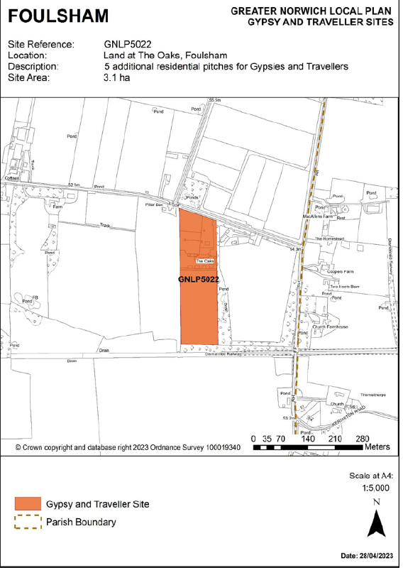 INSERTED: GNLP Site Allocation Focus Map FOULSHAM, Site Reference- GNLP5022; Location- Land at The Oaks, Foulsham; Allocation- 5 additional residential pitches for Gypsies and Travellers; Site Area- 3.1 ha.
