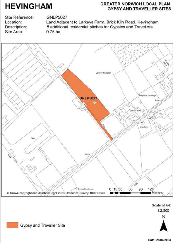 INSERTED: GNLP Site Allocation Focus Map HEVINGHAM, Site Reference- GNLP5027; Location- Land adjacent to Larkeys Farm, Brick Kiln Road, Hevingham; Allocation- 5 additional residential pitches for Gypsies and Travellers; Site Area- 0.75 ha.