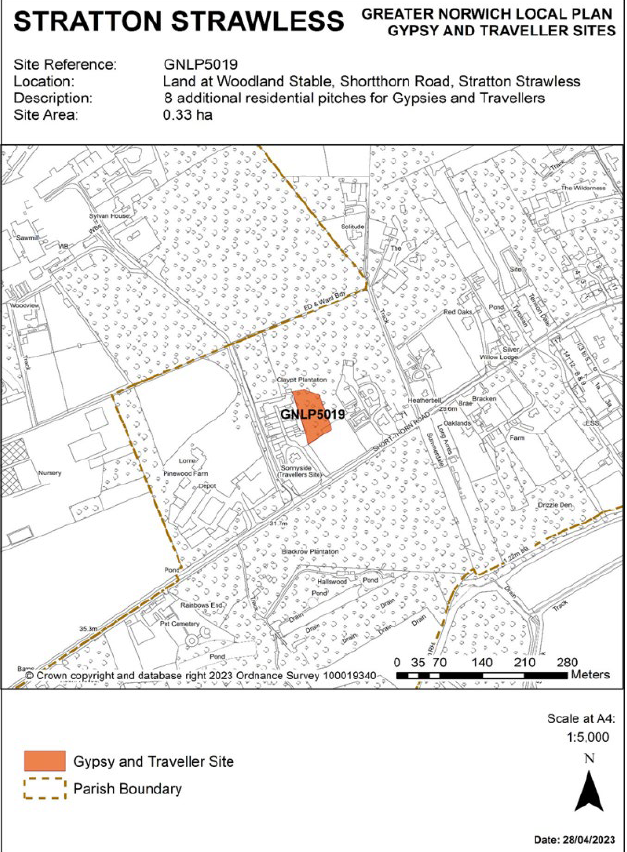 INSERTED: GNLP Site Allocation Focus Map STRATTON STRAWLESS, Site Reference- GNLP5019; Location- Land at Woodland Stable, Shorthorn Road, Stratton Strawless; Allocation- 8 additional residential pitches for Gypsies and Travellers; Site Area- 0.33 ha. 