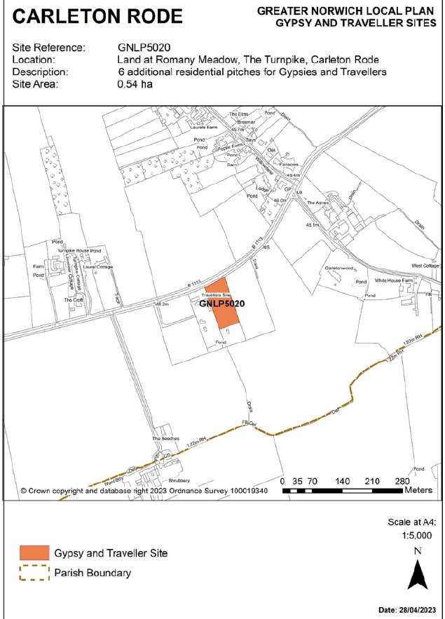 INSERTED: GNLP Site Allocation Focus Map CARLETON RODE, Site Reference- GNLP5020; Location- Land at Romany Meadow, The Turnpike, Carleton Rode; Allocation- 6 additional residential pitches for Gypsies and Travellers; Site Area- 0.54 ha.