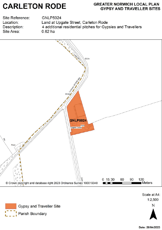 INSERTED: GNLP Site Allocation Focus Map CARLETON RODE, Site Reference- GNLP5024; Location- Land at Upgate Street, Carleton Rode; Allocation- 4 additional residential pitches for Gypsies and Travellers; Site Area- 0.62 ha.