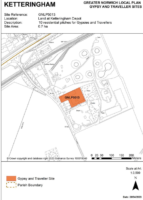 INSERTED: GNLP Site Allocation Focus Map KETTERINGHAM, Site Reference- GNLP5013; Location- Land at Ketteringham Depot; Allocation- 10 residential pitches for Gypsies and Travellers; Site Area- 0.7 ha. 