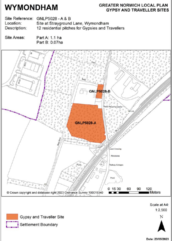 INSERTED: GNLP Site Allocation Focus Map WYMONDHAM, Site Reference- GNLP5028 - A & B; Location- Site at Strayground Lane, Wymondham; Allocation- 12 residential pitches for Gypsies and Travellers; Site Area- Part A: 1.1 ha, Part B: 0.07 ha.
