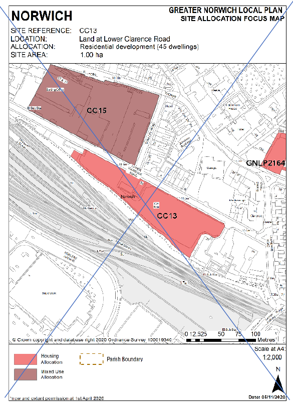 DELETED: GNLP Site Allocation Focus Map NORWICH: Site reference CC13, Location land at Lower Clarence Road; Allocation residential development (45 dwellings); Site Area 1.00 ha.